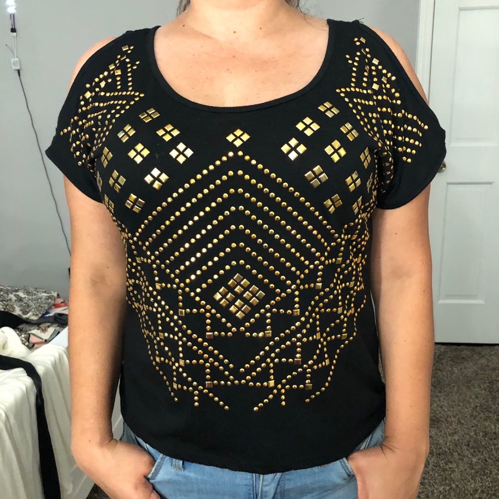 Black and gold cut shoulder top